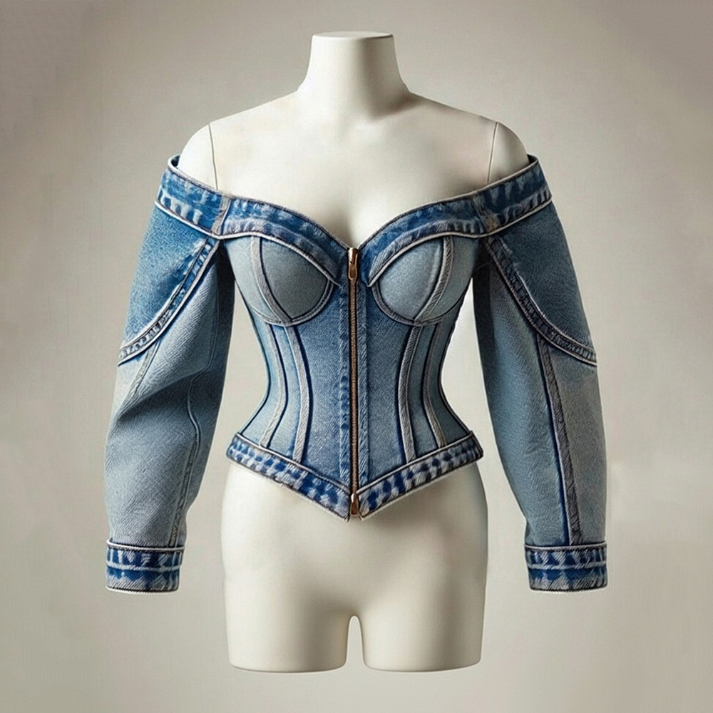 Veste en jean sexy pour femme, style corset, épaules dénudées, zippée, délavée vintage, coupe ajustée, manches longues, chic Y2K, streetwear, manteau d'extérieur