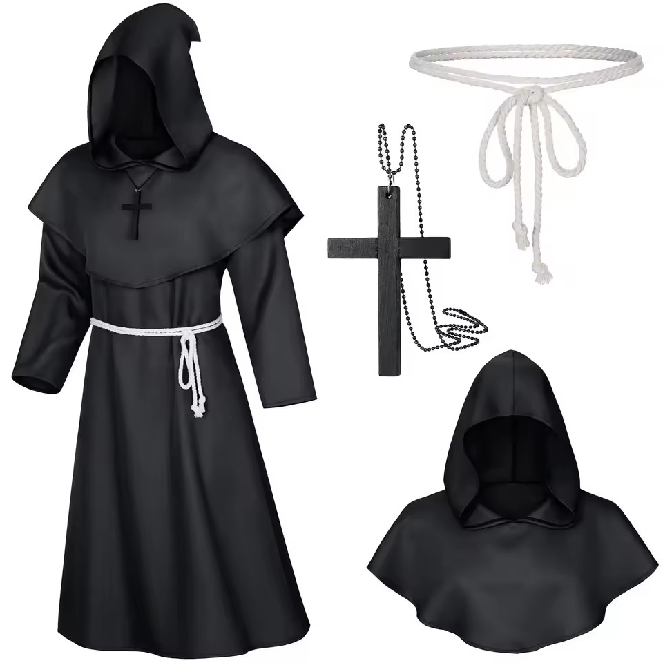 Cape de moine médiéval, costume de sorcier, de prêtre, de magicien, de chevalier, robe d'Halloween, ensemble d'accessoires de fête pour adultes et adolescents