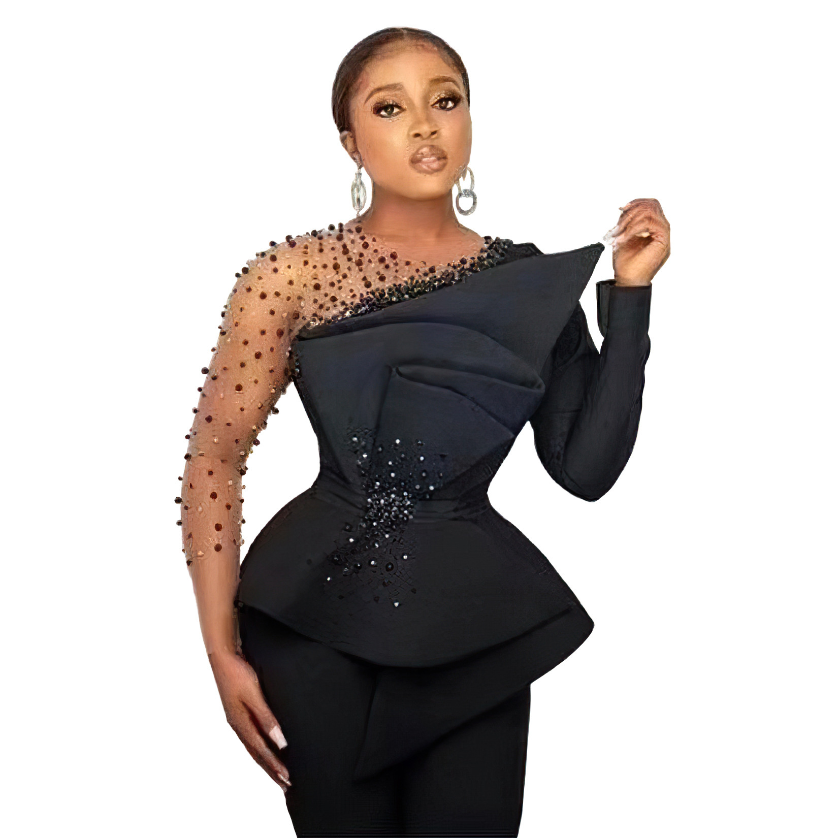 Ensemble pantalon femme deux pièces col rond manches irrégulières chemise en maille pantalon long à jambes larges perlé taille élastique style Y2K streetwear