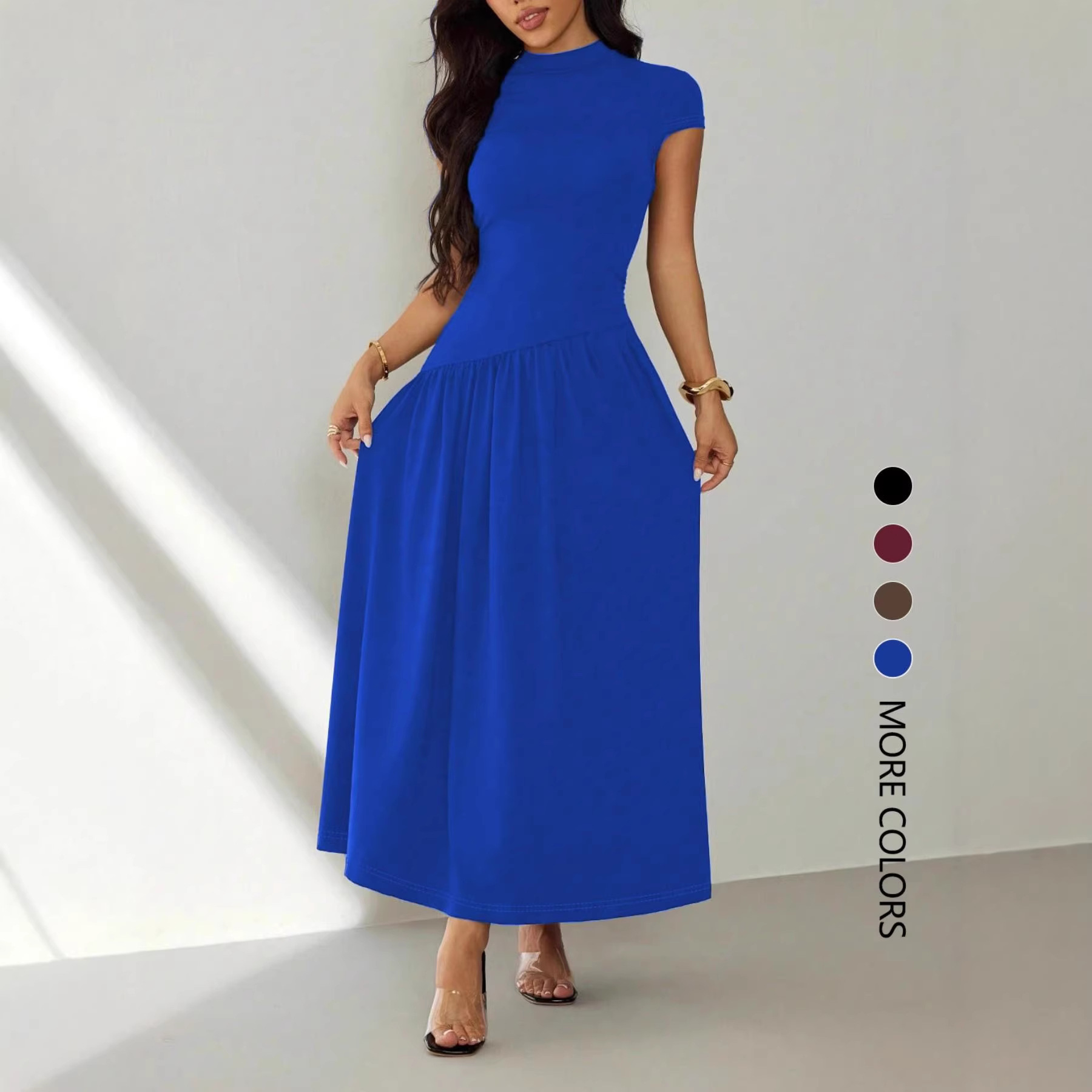 Nouvelle Robe Longue Maxi Élégante et Tendance 2026 pour Femme, Couleur Unie, Coupe Ajustée, Manches Courtes, Col Rond