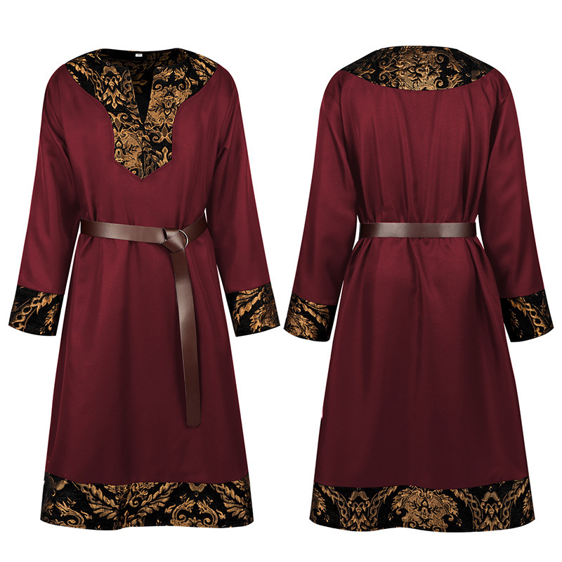 Tunique médiévale Renaissance pour homme, robe longue à manches longues avec ceinture, imprimé baroque doré vintage, costume de cosplay gothique rétro pour Halloween