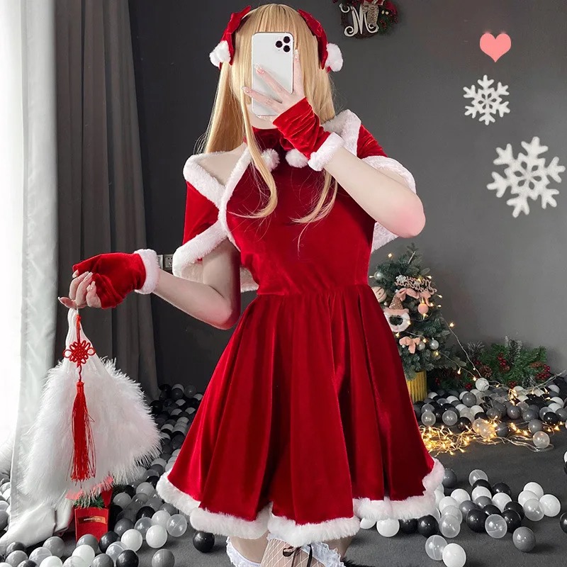 Costume de cosplay de Noël, robe, accessoires, tenue rouge du Nouvel An, cape, carnaval, tenue de fête sur le thème de Noël pour femmes adultes