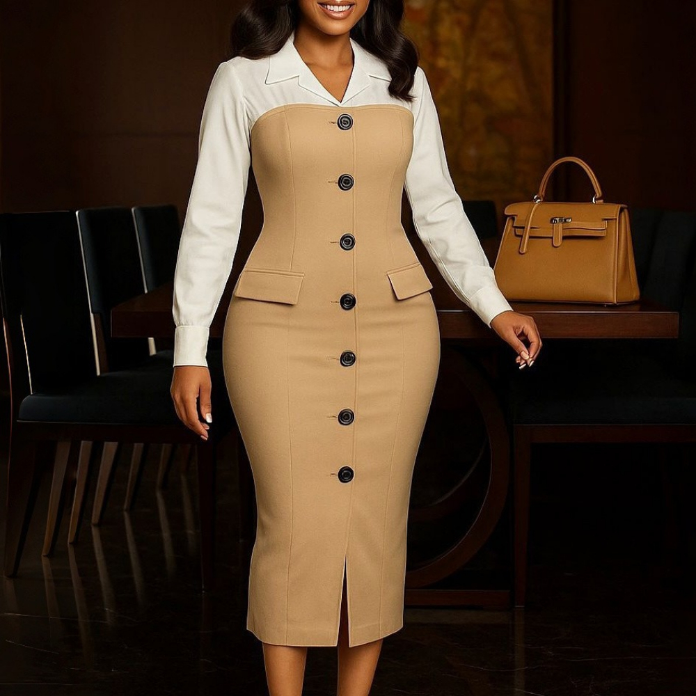 Robes d'église élégantes pour femmes, bloc de couleurs, revers cranté, manches longues, poches à boutons, fendu, Slim, tenue de bureau pour dames, tenue quotidienne d'automne