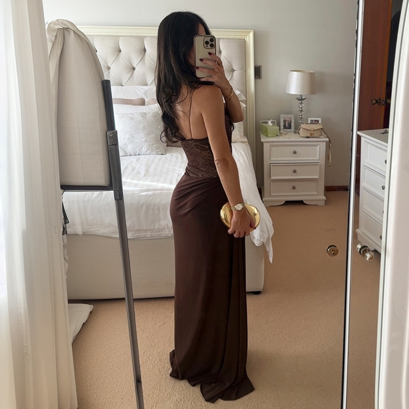 Robe longue drapée marron en dentelle transparente pour femme, robe de soirée sexy à fines bretelles, robe de mariée noire ou bordeaux pour invitée