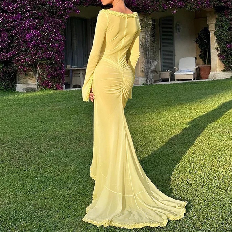 Robe de plage en maille transparente pour femmes, volants en dentelle, batterie froncée, maxi, élégante, creuse, col en V, fendue, manches longues