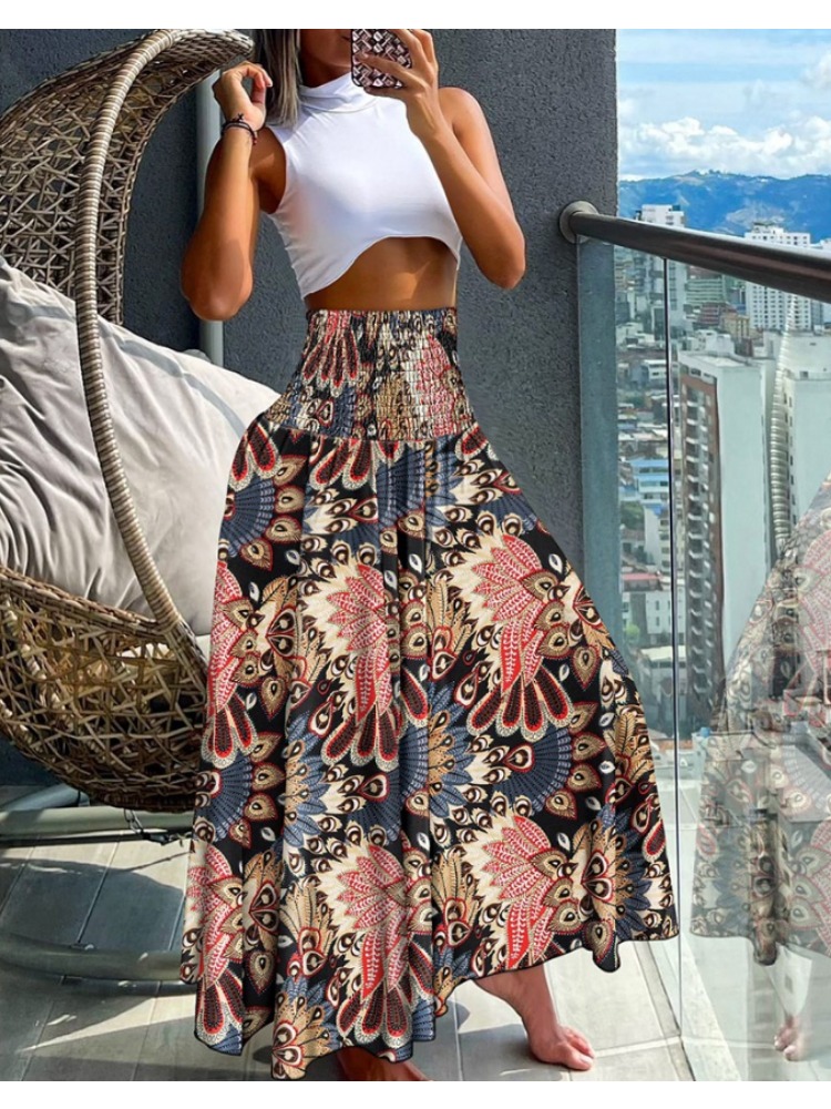 Jupe taille haute élastique bohème pour femmes, imprimé floral, plis, mode, dames, longueur au genou, longues jupes pour femmes