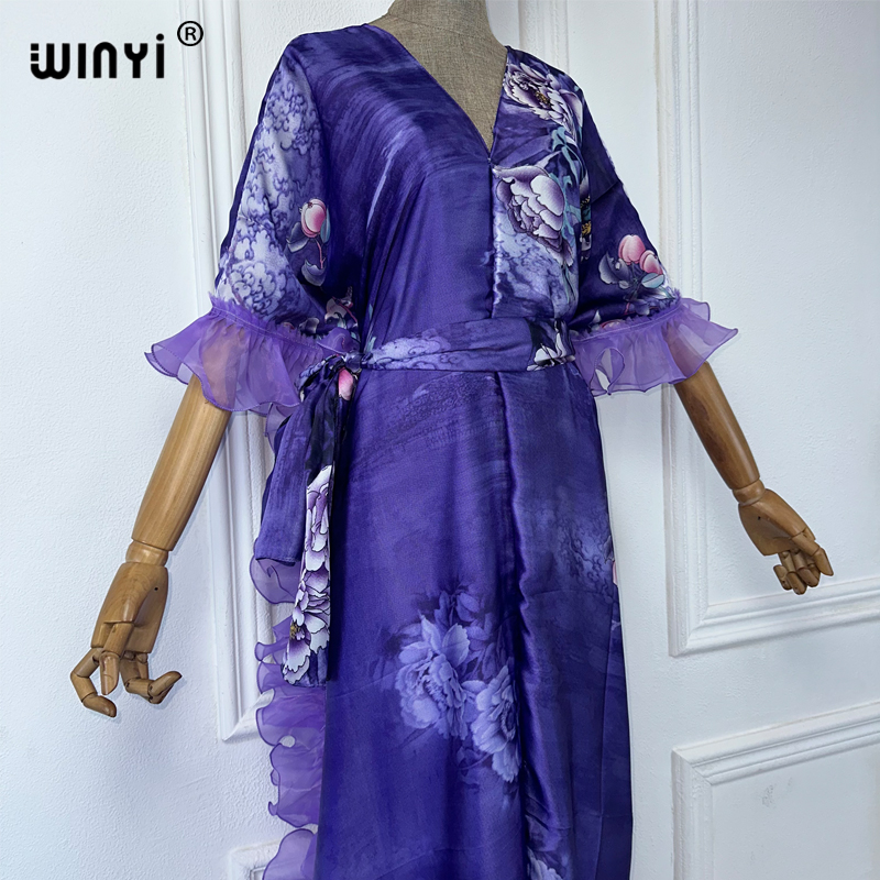 WINYI Robe de soirée d'été élégante et confortable à manches bouffantes, imprimé Abaya pour femmes, Kaftan féminin, Abaya Ramadan, Luxe Dubaï