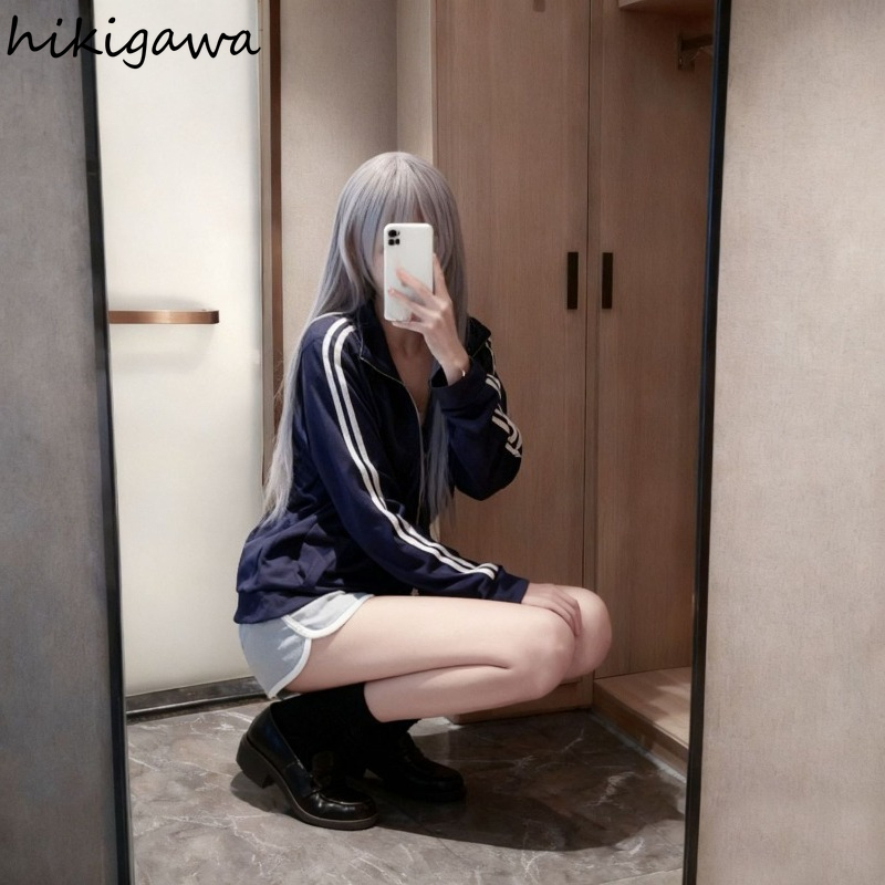 Vestes de style preppy pour femmes, col montant, fermeture éclair, manches longues, coupe ample, style japonais Y2K, hauts décontractés, manteaux tendance, Ropa Mujer