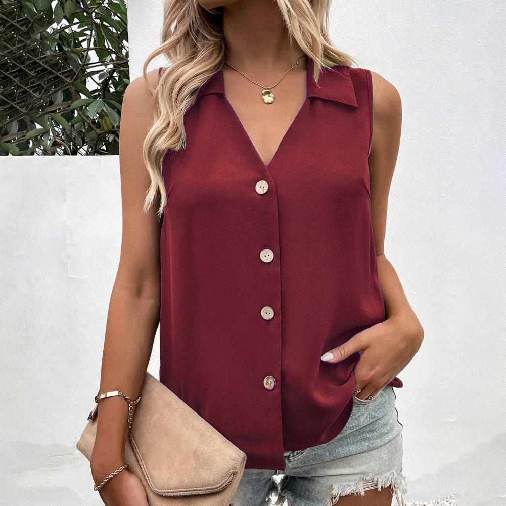 T-Shirt d'été pour femmes, débardeur décontracté, surdimensionné, col en v, sans manches, boutons, simple boutonnage, mi-long, chemises pour femmes