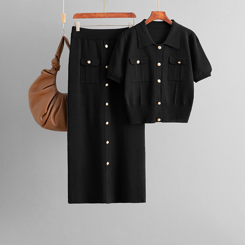 Tenue pour femmes, couleur unie, manches courtes, Cardigan tricoté et jupes élégantes, ensemble deux pièces, mode décontractée, boutons, costume d'été