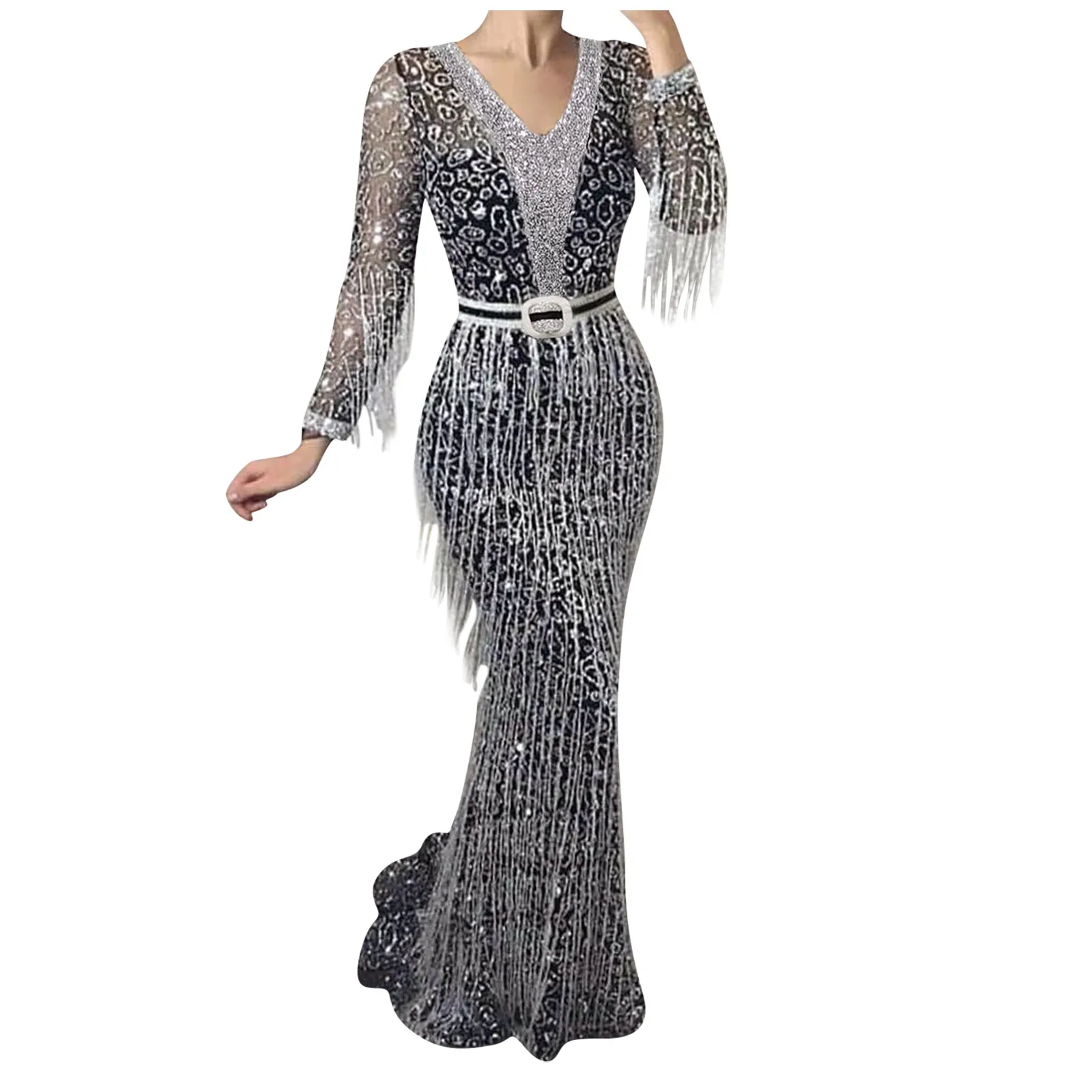 Robe de bal à manches longues pour femmes, élégante, Sexy, décolleté en V profond, paillettes, franges, longue, Slim, robes de soirée, nouvelle collection