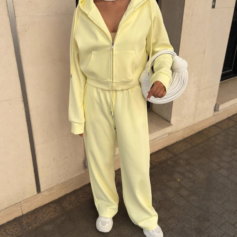 Costume de sport de loisirs, couleur unie, manches longues, fermeture éclair, manteau à capuche, pantalon à lacets, costume deux pièces pour femmes