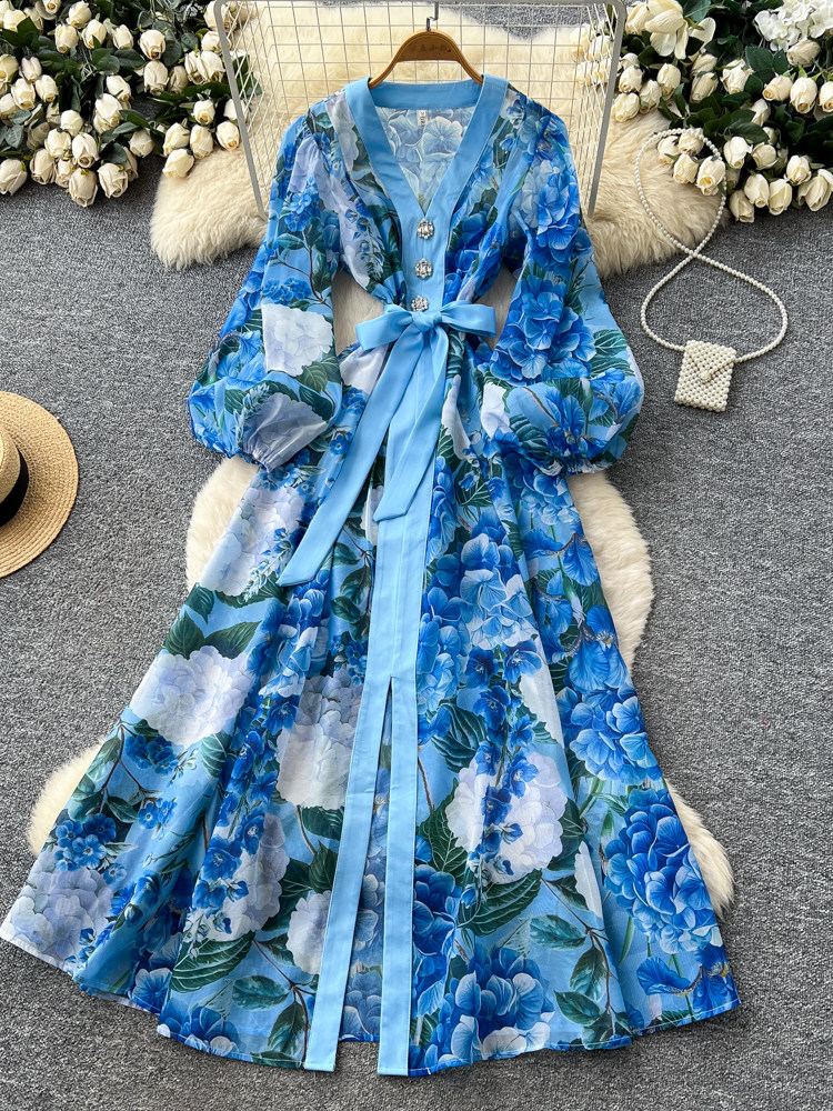 Robe longue élégante rétro à col en V et imprimé floral pour femme, manches bouffantes, taille cintrée à nouer, idéale pour les soirées et les fêtes, collection printemps-automne