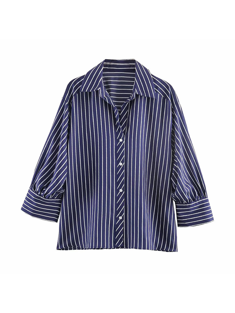 Chemisier rayé ample pour femme, col rabattu, simple boutonnage, manches longues, nouvelle collection été, idéal pour le bureau