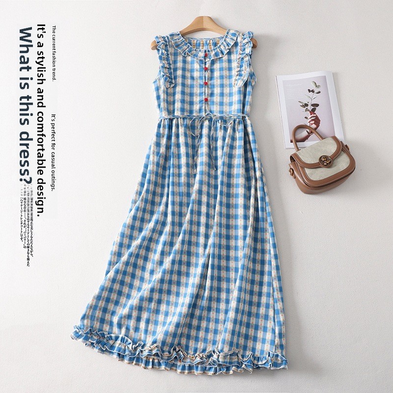 Robe d'été à carreaux pour femme, sans manches, taille haute, longue, pour les vacances à la plage, style urbain, mode streetwear