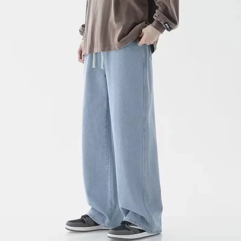 Jean ample en polaire pour hommes, taille élastique, jambes larges, pantalon en Denim Y2K, droit et confortable, vêtements de marque, hiver