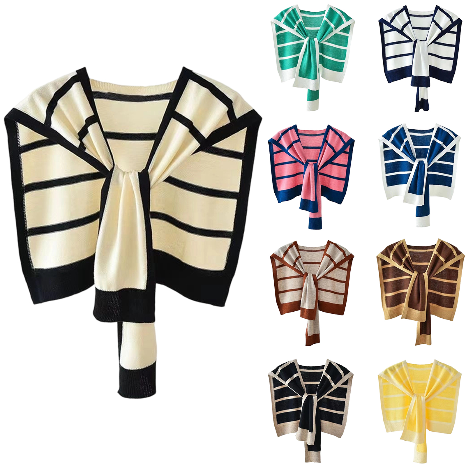 Châle en tricot rayé, tendance chic, écharpe pour femmes, motif noir et blanc élégant, vêtement d'extérieur polyvalent, accessoire élégant