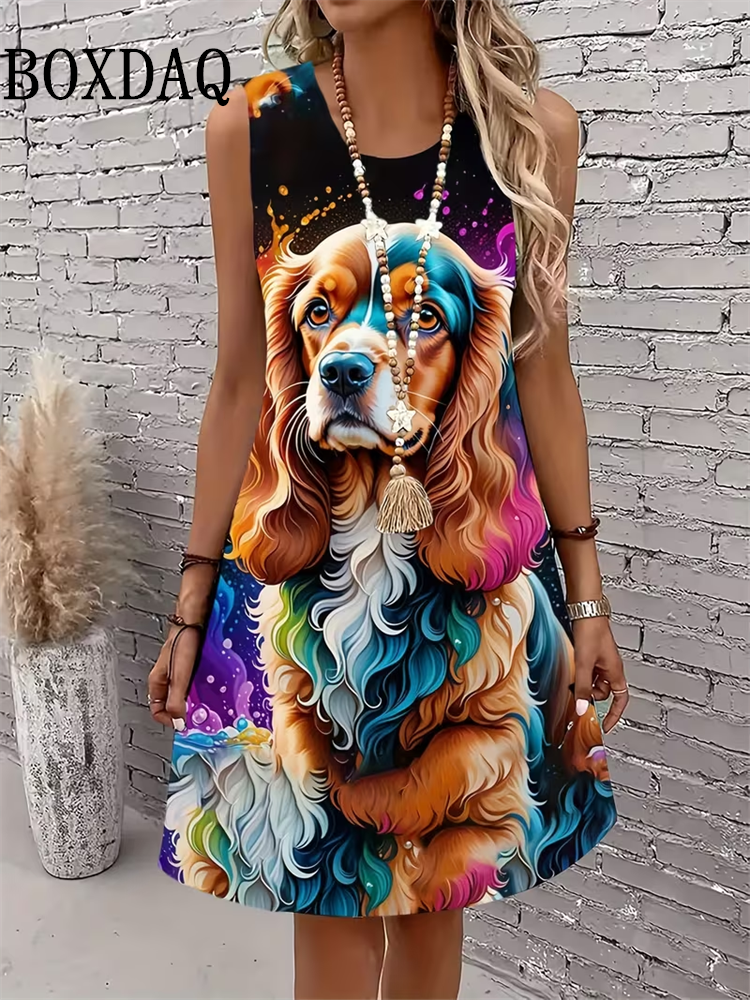 Robe d'été 2026 pour femme, motif chat abstrait, sans manches, ample, décontractée, imprimé graffiti 3D, grande taille