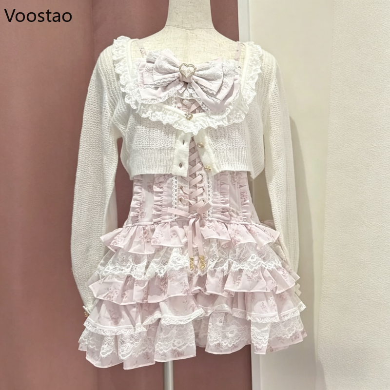 Ensemble 2 pièces Lolita japonaise pour femme, style Kawaii, avec nœud, bandage, dentelle florale, mini-robe et cardigan tricoté, tenues coréennes Y2K pour anniversaire