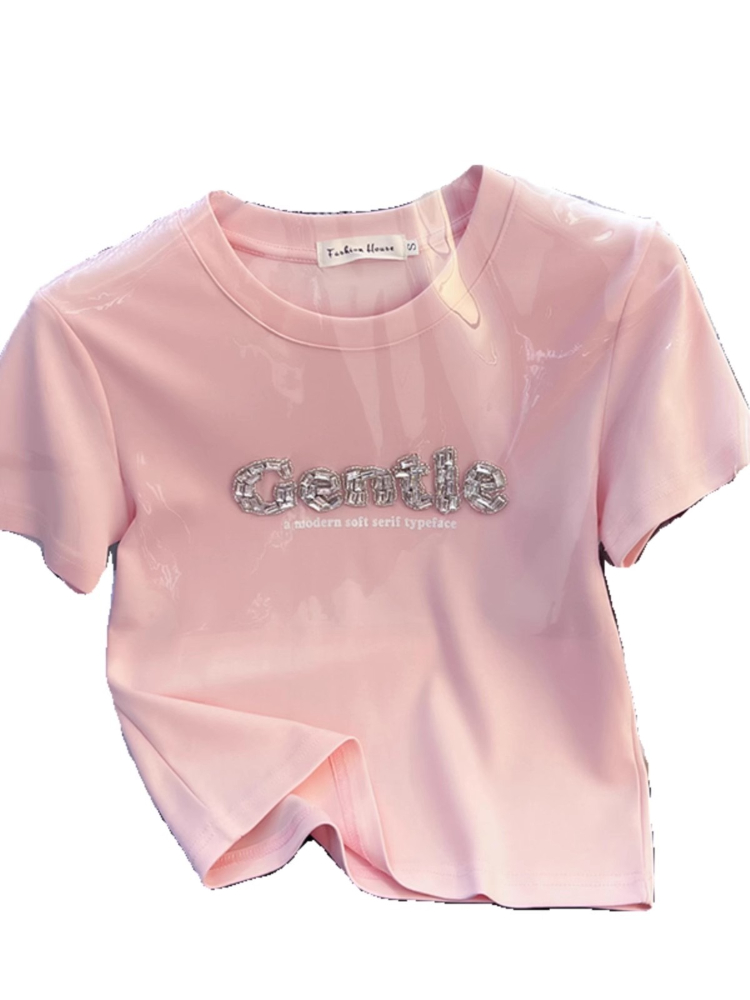 T-Shirt à manches courtes pour femmes, haut en coton, broderie lourde, taille cintrée, épaule plissée sur le côté, Slim Fit, nouveau chemisier d'été