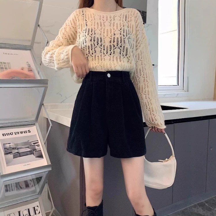 Shorts en velours côtelé coupe trapèze pour femme, nouveau style automne-hiver, pantalon ample et amincissant à jambes larges, idéal avec des bottes et comme pantalon décontracté