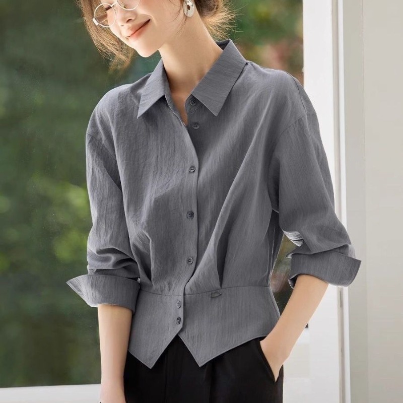 Chemisier élégant à manches longues pour femme, col à revers, coupe ajustée, idéal pour le bureau, respirant, pour l'été et le printemps