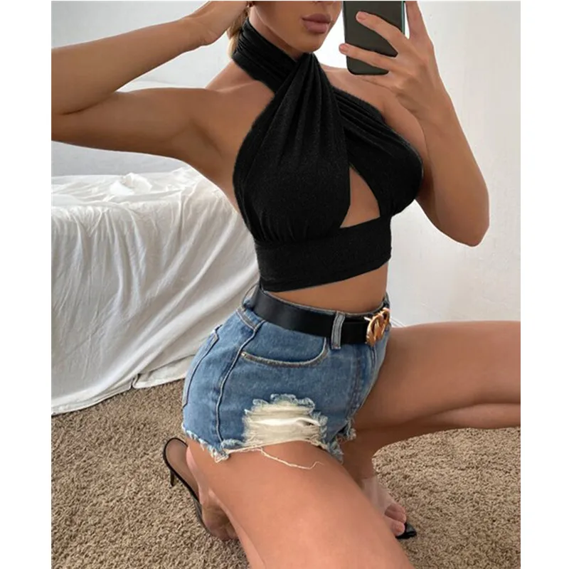 Camisole dos nu croisé pour femme, caraco licou, haut court, précieux, monochromatique, streetwear en fibre mince, été