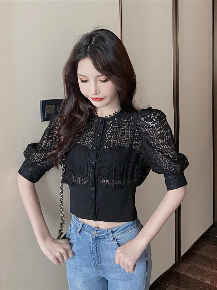 WoBjSweet-Chemisier en crochet pour femme, chemise évidée sexy, manches bouffantes vintage, chemises coréennes, mode chic, Y-Blusas