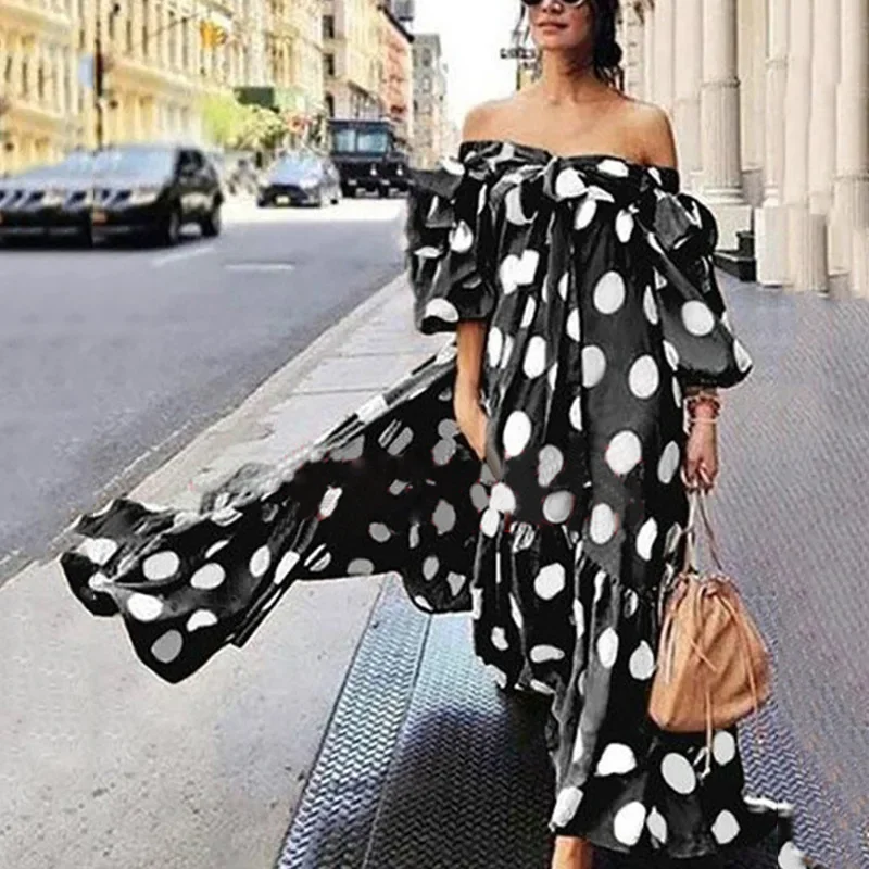 Robe longue à pois pour femmes, sexy, épaules dénudées, décontractée, vêtements de plage, printemps, été