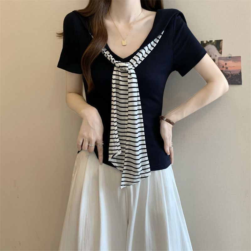 T-shirt à manches courtes pour femmes, grande taille, style décontracté, ample et fin, à rayures, col marin, nouvelle collection été