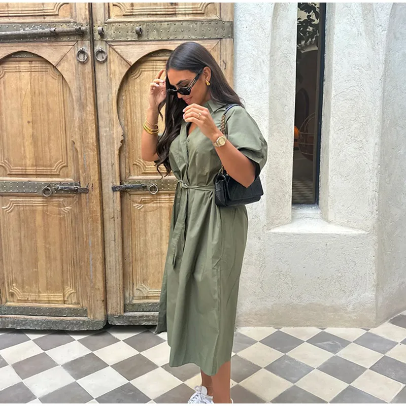 Robe décontractée à lacets pour femmes, simple boutonnage, col rabattu, manches courtes, robes pour dames, printemps été, ample, 2025