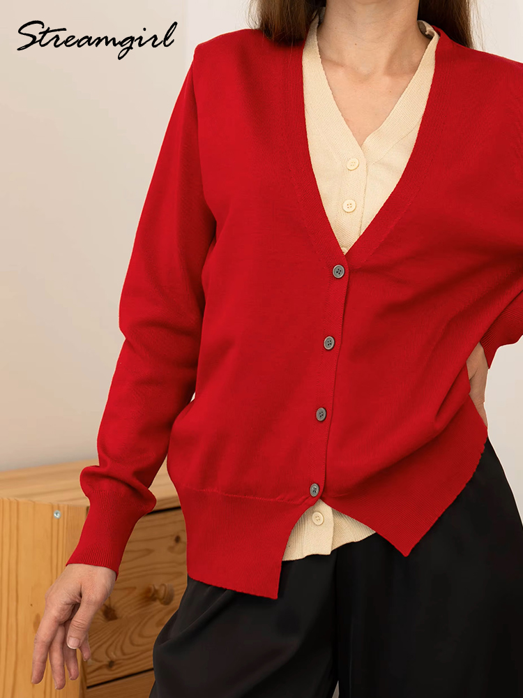 Cardigan court à boutons pour femme, manches longues, col en V, ample, effet deux pièces, rouge, tricoté, veste d'automne pour femme