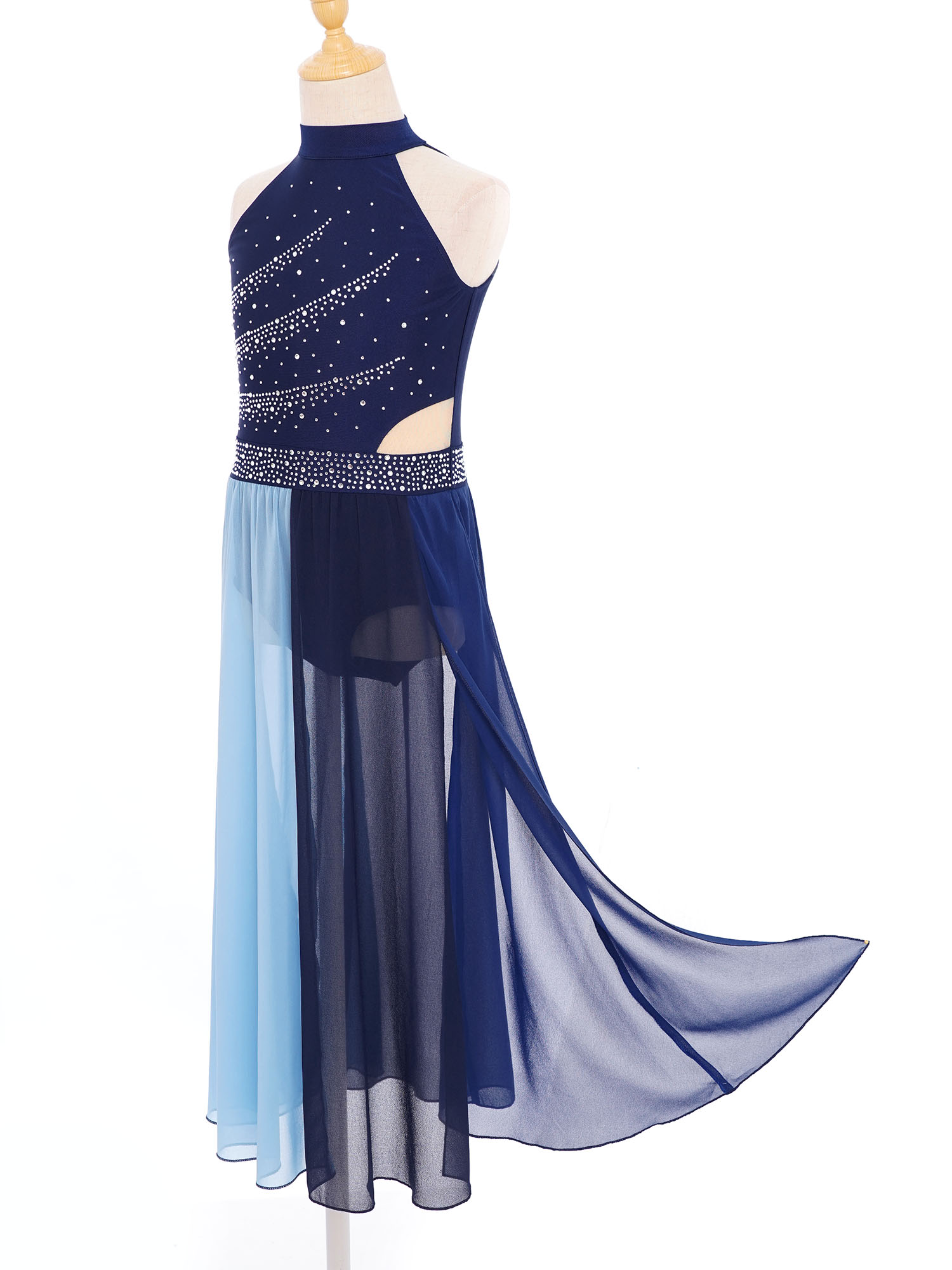 Costume de spectacle de danse lyrique moderne pour filles, sans manches, strass, fente latérale, robe justaucorps en mousseline de soie, danse contemporaine de Ballet