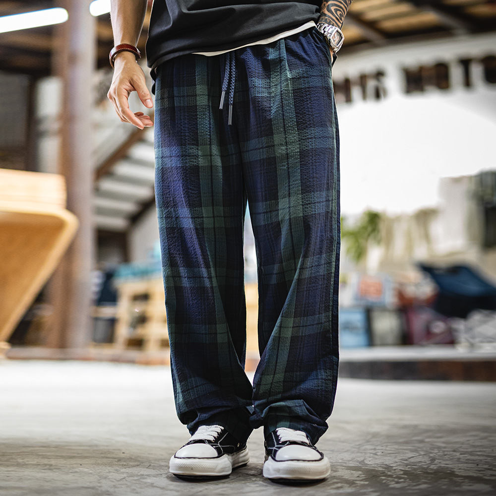 Maden Pantalon tartan vintage pour homme Pantalon léger en seersucker avec taille élastique Pantalon décontracté classique pour l'été et l'automne