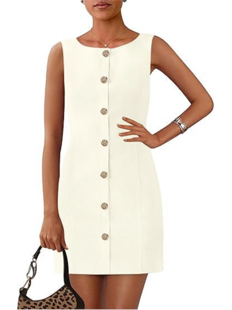 Robe de bureau élégante pour femmes, couleur unie, col rond, sans manches, boutons, Mini robes décontractées, vêtements d'été pour femmes, nouvelle collection
