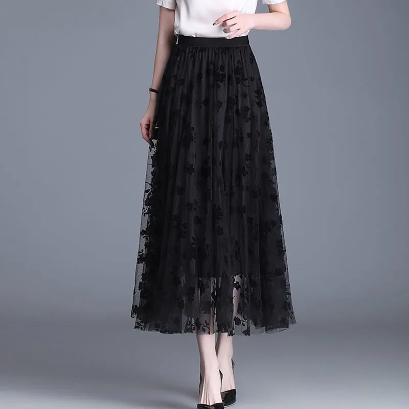 Jupe en maille coréenne pour femme, jupe midi ample à fleurs crochetées, élégante, décontractée, polyvalente, nouvelle collection été