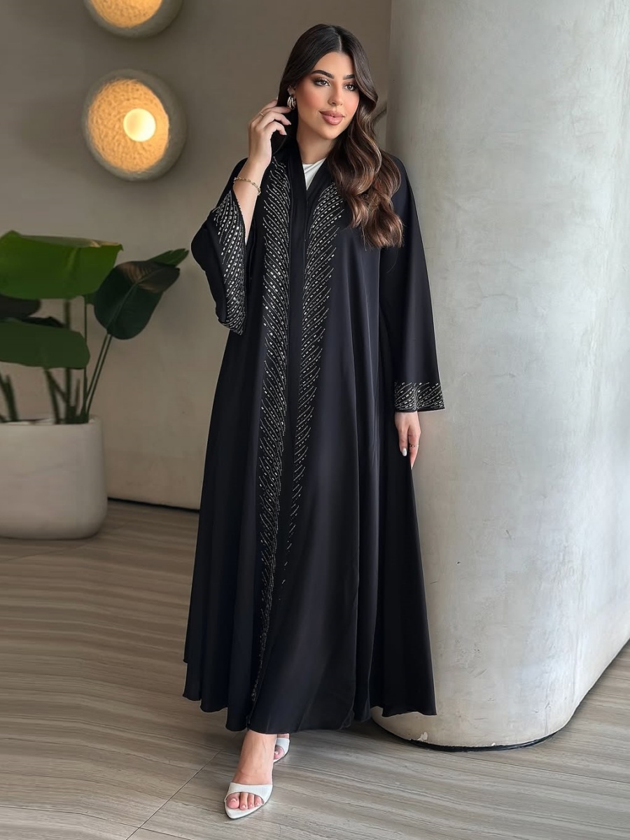 Abaya de Luxe pour Femmes Musulmanes de Dubaï, Robe Longue Kimono Cardigan Modeste avec Strass Thermocollants et Perles, Kaftan, Robe Femme, Vêtement Islamique