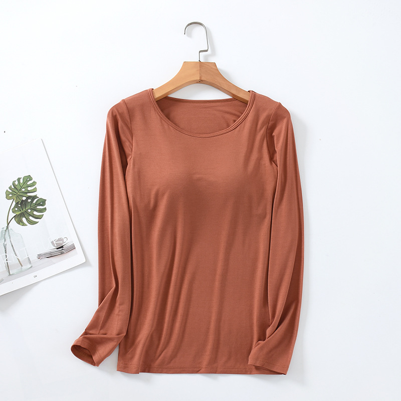 T-shirt Slim One Piece avec coussin de poitrine pour femme, soutien-gorge et bonnet, haut féminin, chemises à fond, vêtements de maison, pyjamas
