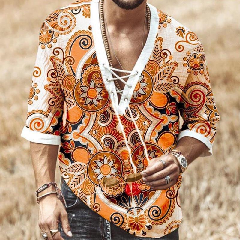 Costume Hippie rétro des années 60 et 70 pour hommes, T-shirt imprimé avec cordon de serrage, tenue de Cosplay, fête d'halloween, Disco, vêtements amusants, jeu de rôle