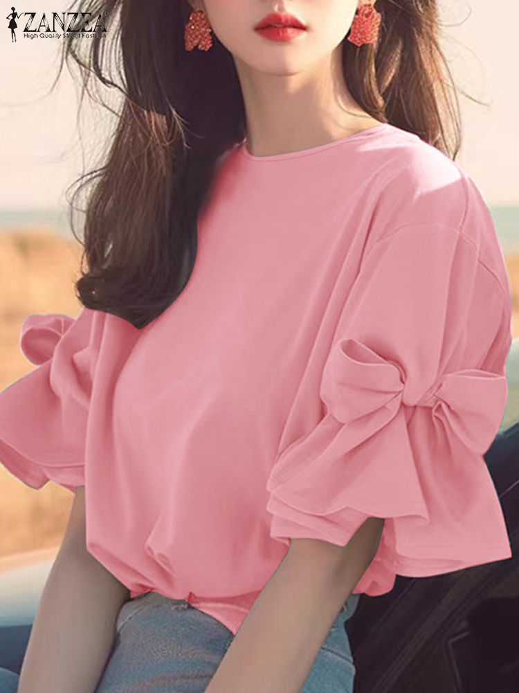 ZANZEA femmes coréen volants en mousseline de soie Blouse automne élégant lanterne à manches courtes hauts printemps chemise Vintage nœud papillon Patchwork tunique