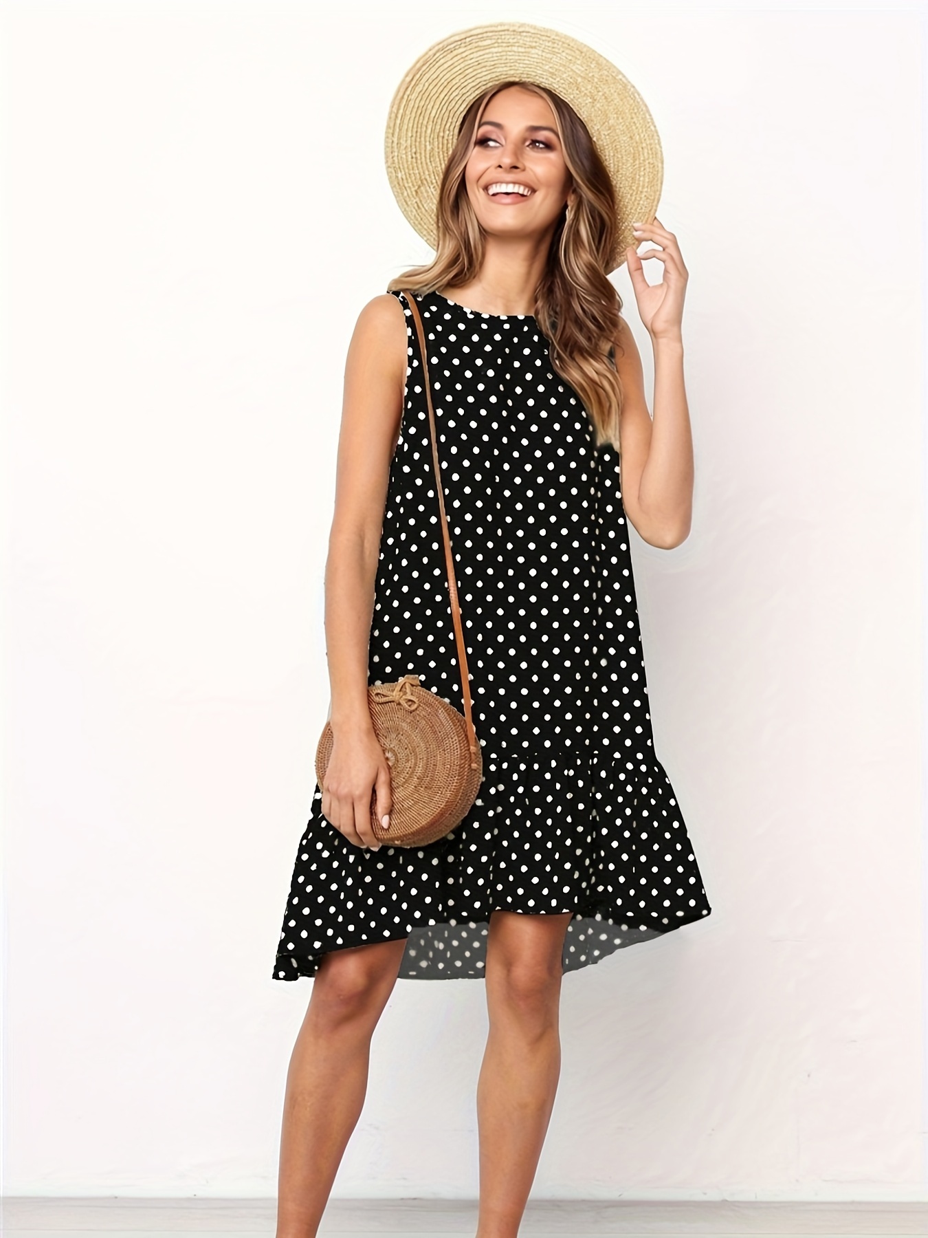 Robe longue décontractée d'été à pois et à volants pour femmes, sans manches, col rond, ourlet ample, nouvelle mode