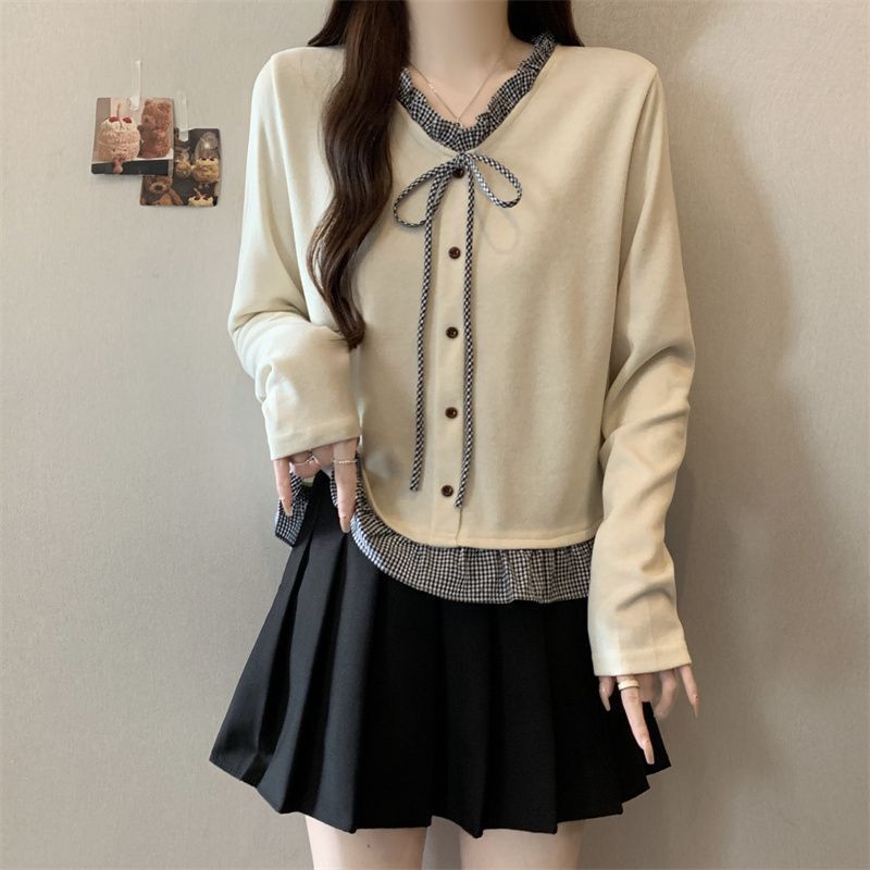 Chemisier à manches longues pour femme grande taille, nouvelle collection printemps-automne, décontracté et fin, avec empiècements et bordure festonnée, col en V