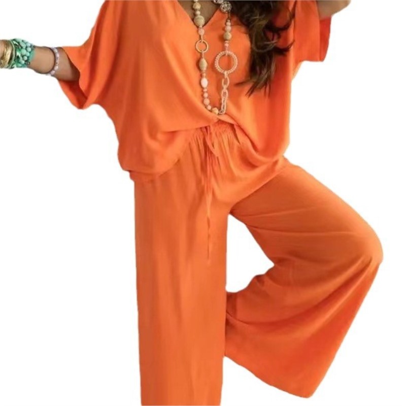 Ensembles de pantalons à jambes larges pour femmes, col en V, manches chauve-souris, tenues de maison monochromes, décontracté, été, 2024, 2 pièces