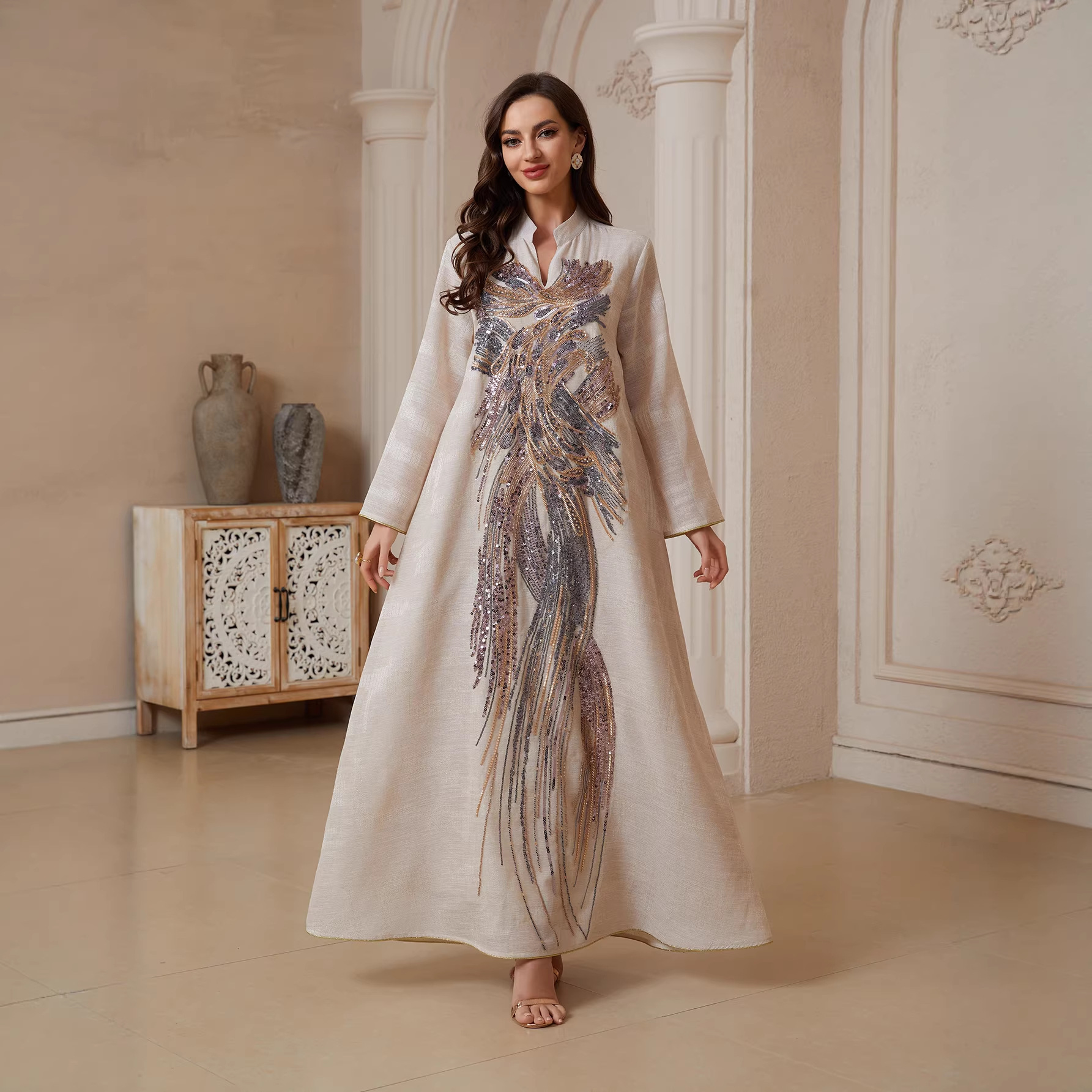 Robe Abaya pour femme, style Eid, en maille à sequins, longue, style Dubaï, Kaftan, Robe arabe, Caftan de fête, Jalabiya, Ramadan 2026