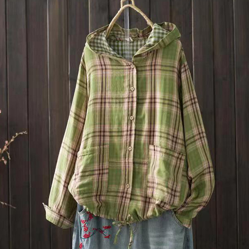Chemises à carreaux à boutonnage simple à manches longues pour femmes, chemisiers grande taille, chemise surdimensionnée, haut à capuche, automne, printemps, 600