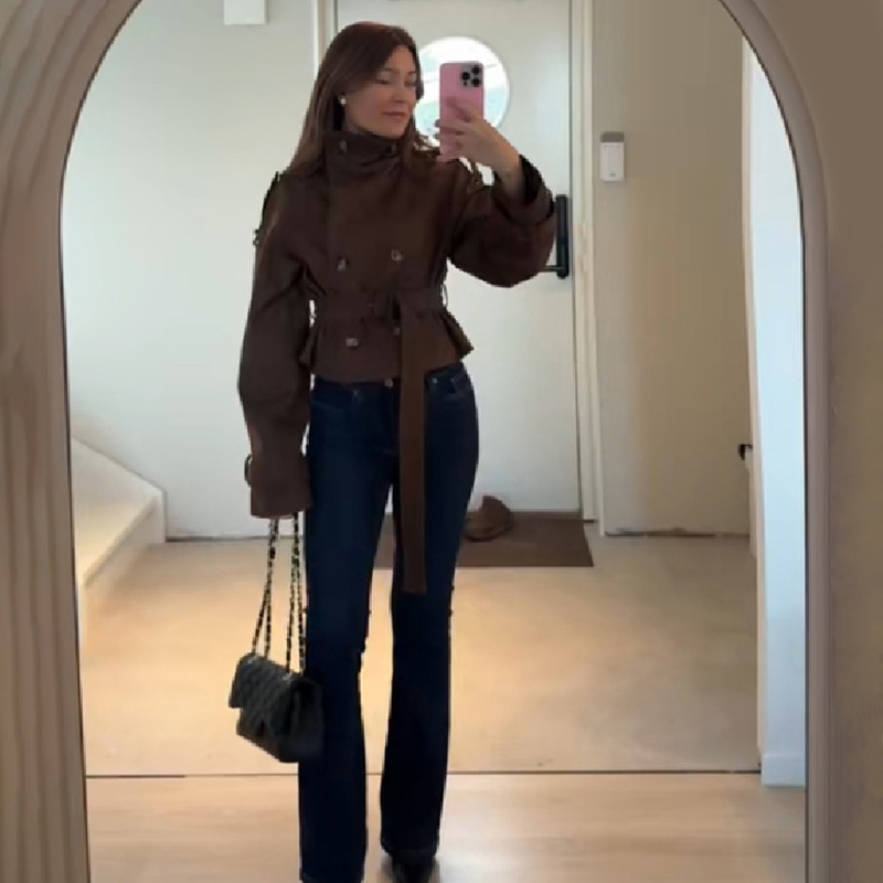 Veste Femme Tendance Col Montant Double Boutonnage Ceinture Ajustée Automne Hiver Tenue Décontractée Urbaine pour Fête et Club