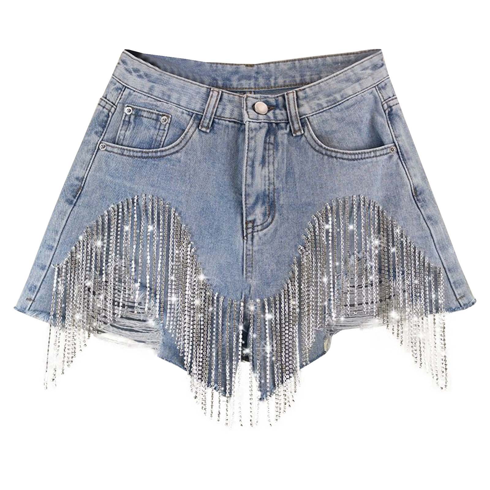 Mode femme décontracté jean court taille haute diamant ensemble lourd gland Shorts chaîne une ligne jambe large pantalons chauds Denim Shorts