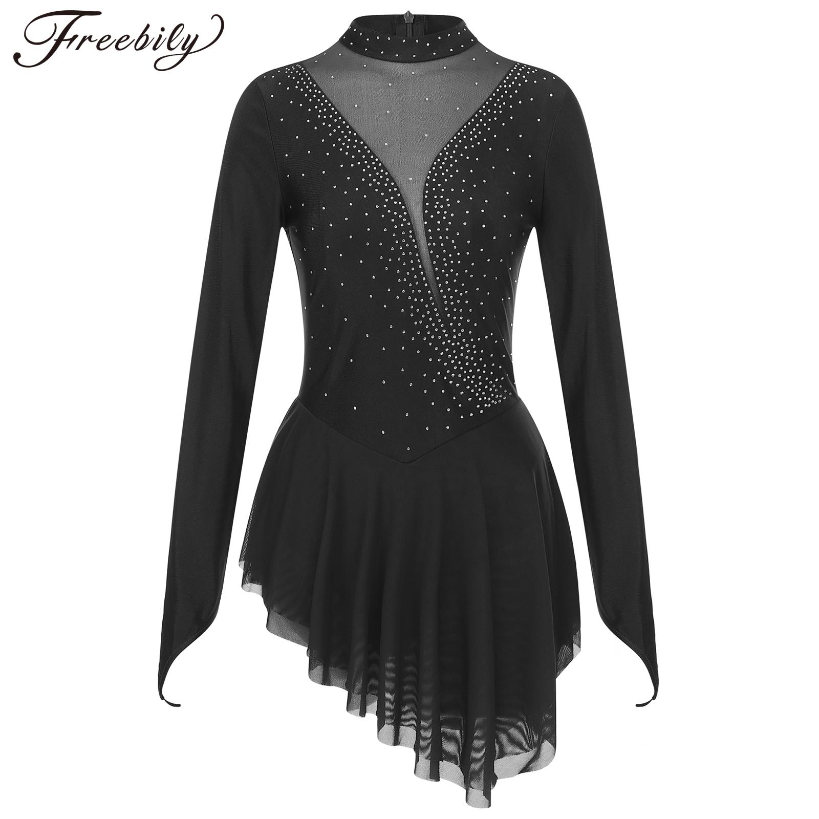 Robe de patinage artistique pour femmes, danse lyrique, Ballet, gymnastique, acrobatie, justaucorps, Tutu, manches longues, strass brillants, maille transparente