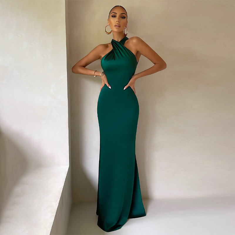Robes de soirée élégantes pour femmes – Robe longue élégante à col halter et torsion sur le devant, coupe ajustée pour soirée