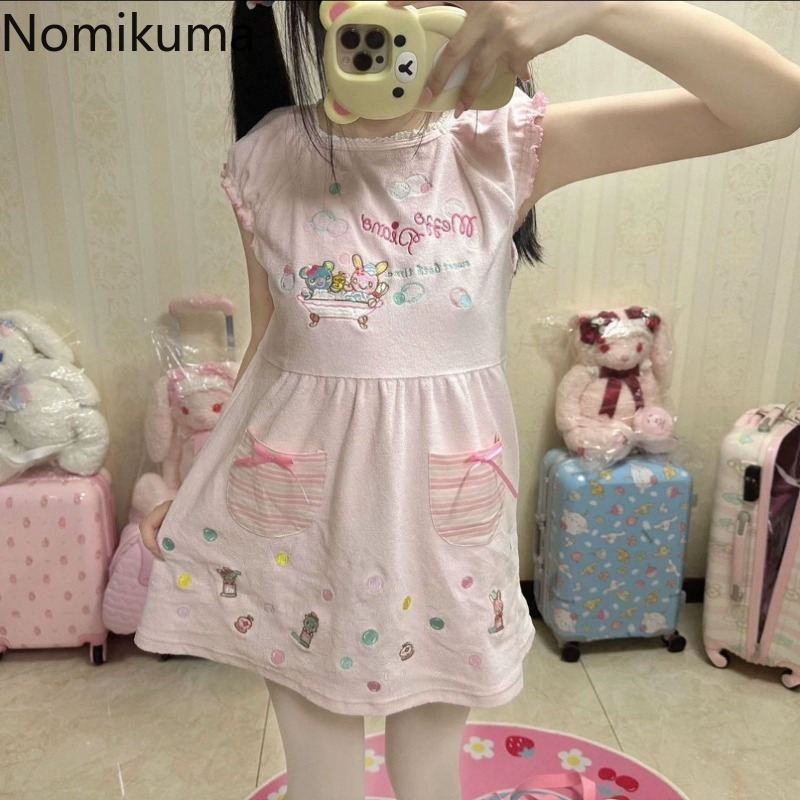 Robe japonaise pour femmes 2025 Vestidos De Mujer Robe d'été brodée mignonne à manches courtes col rond tunique robe douce de dessin animé Femme